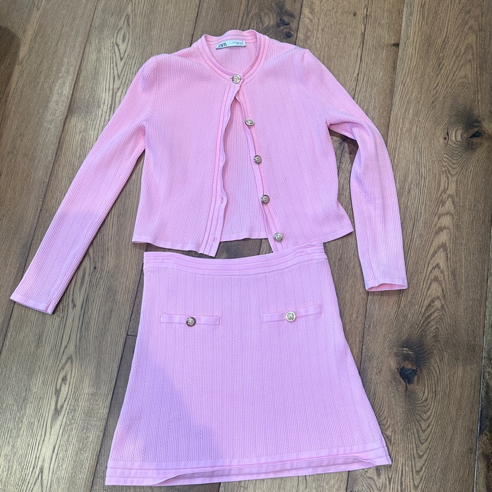 Zara Pink Knit Cardigan and Skirt Set